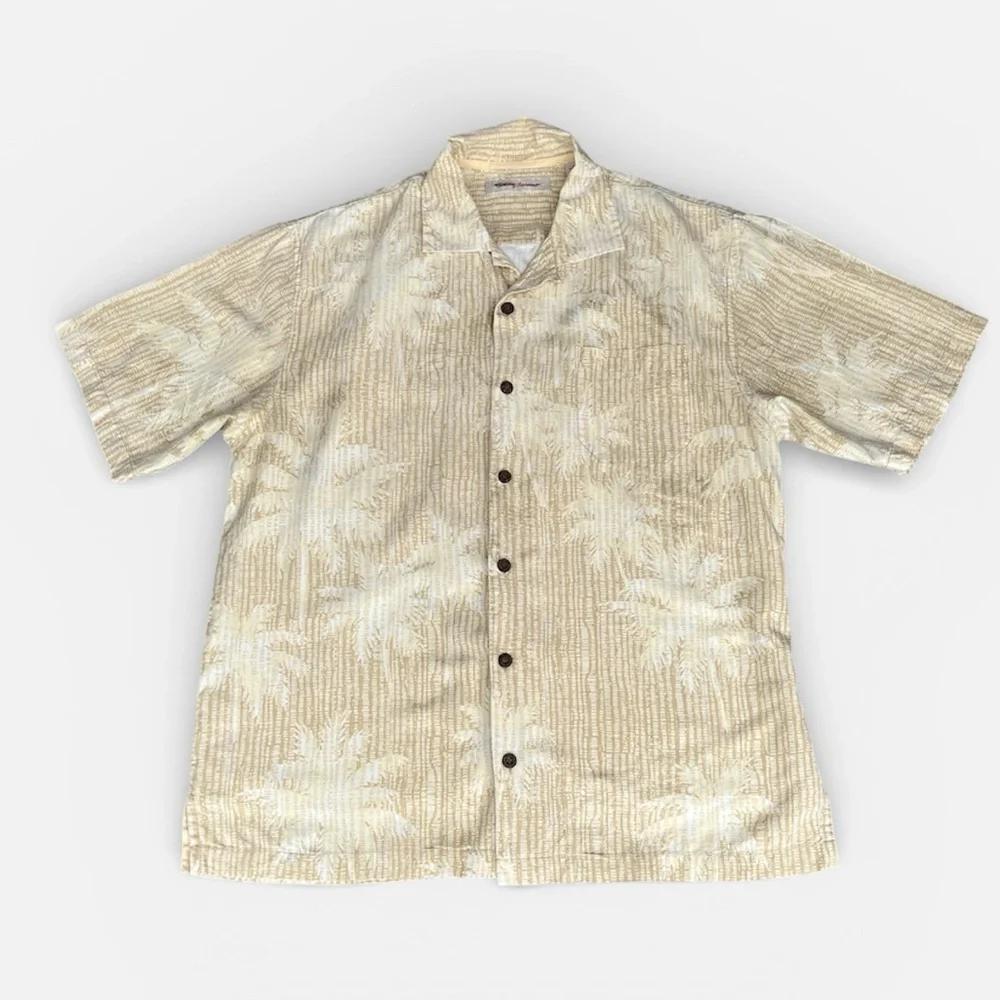 Tommy Bahama 100% Silk Palm Tree Hawaiian Silk Camp Shirt in Tan/Cream Sz L - Picture 2 of 8